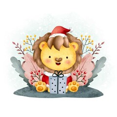 Winter cute lion and plants 