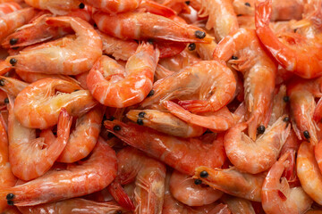 Shrimps background texture. A lot of shrimps. Cooked shrimps.