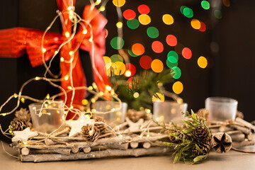 Merry Christmas and Happy Holidays greeting card, frame, banner. New Year. Christmas silver handmade gift boxes on white marble background top view. Winter holiday theme.