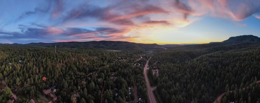 The Town of Christopher Creek, Arizona at dusk during the summer Monsoon season. 