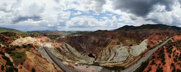 Aerial Panorama of the Queen Copper Mine in the town of Bisbee, Arizona. Image captured during the summer Monsoon season. 