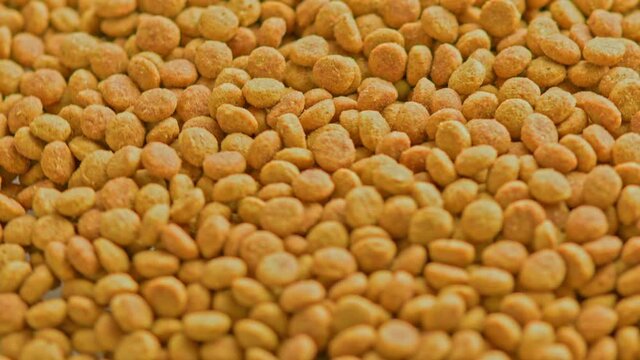 full frame loop rotating background of small dry orange cat food crockets