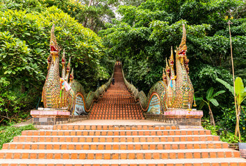 Naga stairway at the entrance of Wat Phra That Doi Suthep, Chiangmai Thailand