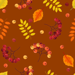 Seamless pattern with beautiful autumn leaves and rowan berries on a bright background, vector