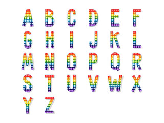 Fototapeta na wymiar Pop it fidget toy rainbow colors full alphabet. Vector set.