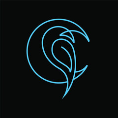 Modern, Minimalist Light Blue Colored Bird And Moon Lineart Symbol Logo