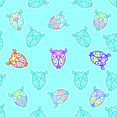 Colorful And Fun Cartoon Owl Seamless Pattern On Light Blue Background Vector Illustration