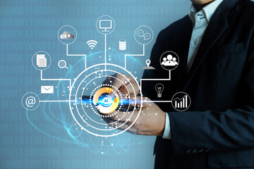 Businessman using ai system to control network operation