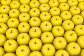 3D illustration of yellow apples lying next to each other. Large number of yellow apples on the background. Yellow ripe apples, 3D graphics