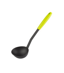 Black ladle dipper with green handle isolated on white background
