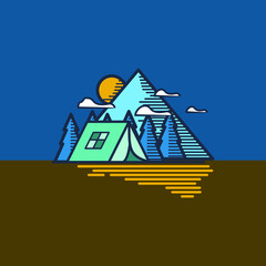 Flat Outdoor Camping With Mountain And Moon In the Background Vector Illustration
