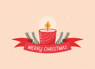 Merry Christmas ribbon banner. Candle with ornament. Colorful holiday card in flat design