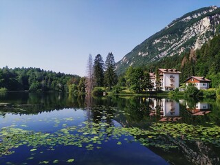 Riflessi sul lago di Cei in Trentino in una giornata serena con il cielo senza nuvole ninfee e...