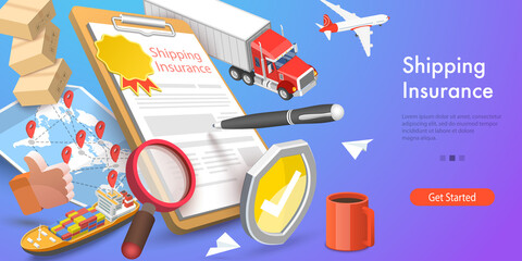 3D Vector Conceptual Illustration of Shipping Insurance, Transportation Safety and Global Logistics
