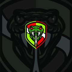 Cartoon Snake Head Mascot With Red And Green Color Shield