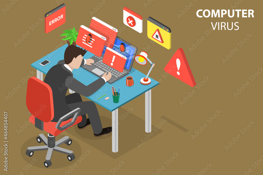 Poster 3d isometric flat vector conceptual illustration of computer virus, cybersecurity threat and system 