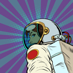 Following me, a female astronaut leads forward to the future © studiostoks