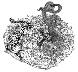 Tattoo art tiger and dargon hand drawing and sketch black and white
