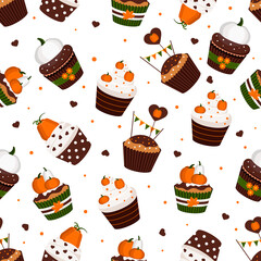 Cupcakes pumpkin vector seamless pattern on white background. Thanksgiving or harvest festival food endless texture icing muffin with chocolate white orange pumpkins. Flat design cartoon illustration.