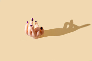 A womens hand with lilac nails showing middle finger, impolite and rude expression.