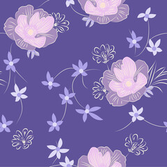 Luxurious floral seamless pattern with pink flowers on purple background. Floral background for printing on fabric, clothing, home textiles, wallpaper, gift wrapping.Line art.