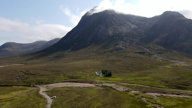 White cottage at Glencoe, Highlands, Scotland, 4K footage