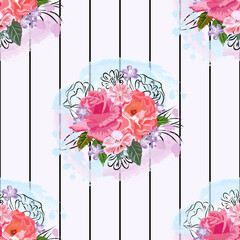 Seamless pattern with beautiful pink roses and watercolor effect on striped black and white background. Flower background for textile, cover, wallpaper, gift packaging, printing.