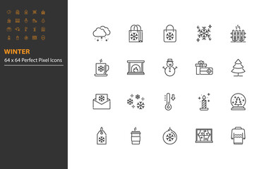 set of winter line icons, snowflake, season, cold