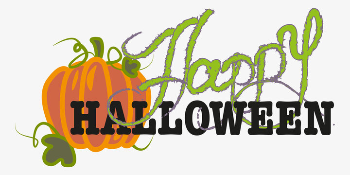 Green vector lettering happy. Black text halloween, banner. Pumpkin line art. Orange pumpkin with green leaves and vines. Object for prints, posts. Autumn harvest stamp. Large pumpkin for halloween. 