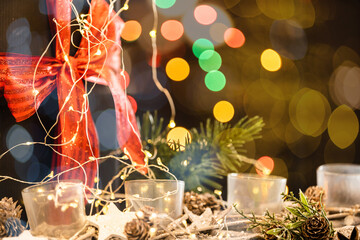 Merry Christmas and Happy Holidays greeting card, frame, banner. New Year. Christmas silver handmade gift boxes on white marble background top view. Winter holiday theme.