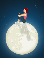 Fototapeta premium illustration of girl sitting on the moon