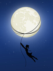 Fototapeta na wymiar girl hanging on the moon with rope