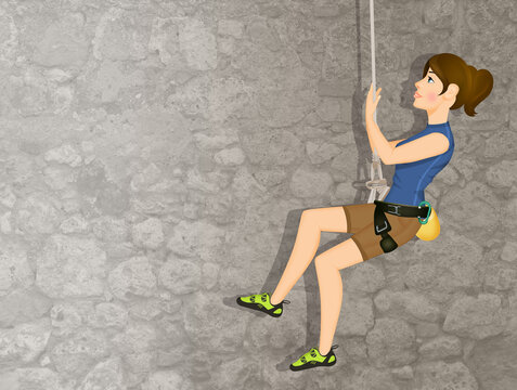 illustration of girl climber on the rocky wall
