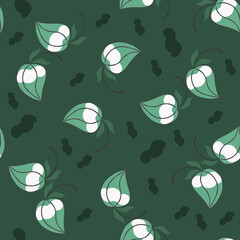 Stylish  seamless natural design in aquamarine color. An unusual pattern with a purple outline looks like buds, seeds, leaves, peppers. Can be used for wallpaper, patterns, fabrics, textiles