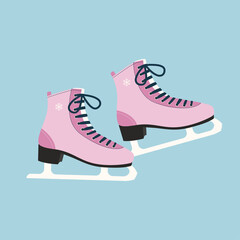 Pink skates on the blue background. Pair of ice skates. Vector illustration.