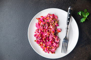beetroot salad beet vegetables vinaigrette ready to eat meal snack on the table copy space food background rustic. top view keto or paleo diet veggie vegan or vegetarian food