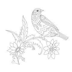 cute bird sitting on floral branch with fancy flowers and leaves