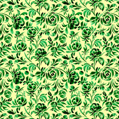 pattern green leaves and flowers yellow background