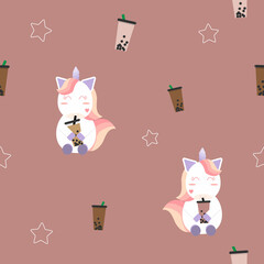cute unicorn drink bubble tea with pastel and star seamless background for fabric pattern