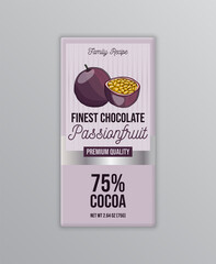 Passion fruit chocolate label template. Modern vector packaging design layout. Isolated