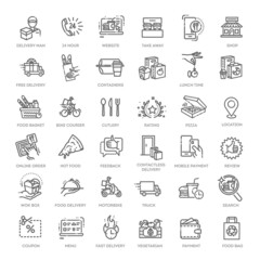 Food delivery service icons set. Outline set of food delivery service vector icons