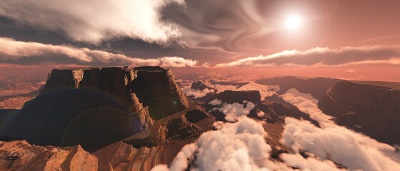 Alien landscape, alien sunset, alien surface under formidable clouds, sunrise on another planet, alien canyon, 3D rendering