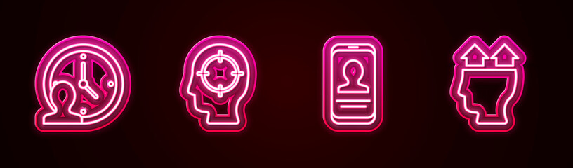 Set line Time Management, Head hunting, Mobile with resume and User of man. Glowing neon icon. Vector