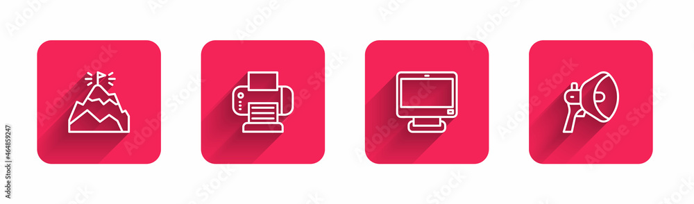 Poster set line mountains with flag, printer, computer monitor and megaphone with long shadow. red square b