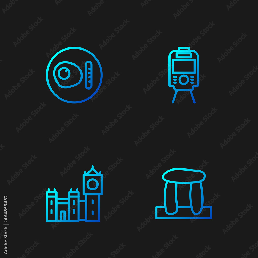 Poster Set line Stonehenge, Big Ben tower, British breakfast and Tram and railway. Gradient color icons. Vector