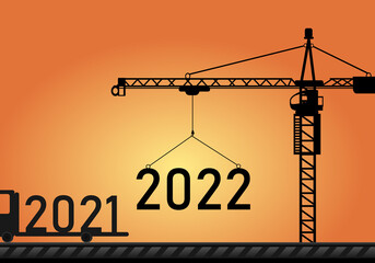 The 2021 Year on a forklift car backward The 2022 Year Happy new Year construction site crane vector illustration on sunset background. The concept for New Year 2022 and vision business