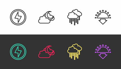 Set line Lightning bolt, Cloud with moon, rain and Sunset on black and white. Vector