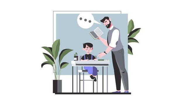 Pupil with teacher. Man with book in his hands explains to child topic of lesson. Moving boy writes down information in notebook. Education at school. Graphic animated cartoon in high resolution