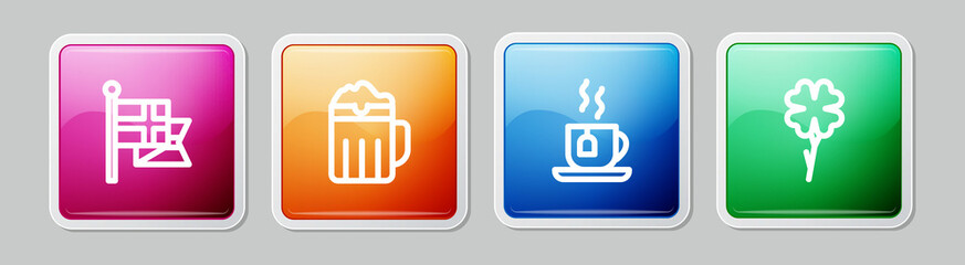Set line England flag on flagpole, Wooden beer mug, Cup of tea with tea bag and Four leaf clover. Colorful square button. Vector