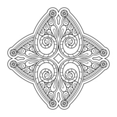 Coloring book . Decorative element in the shape of a rhombus. Four-ray mandala, hand drawn vector coloring page.